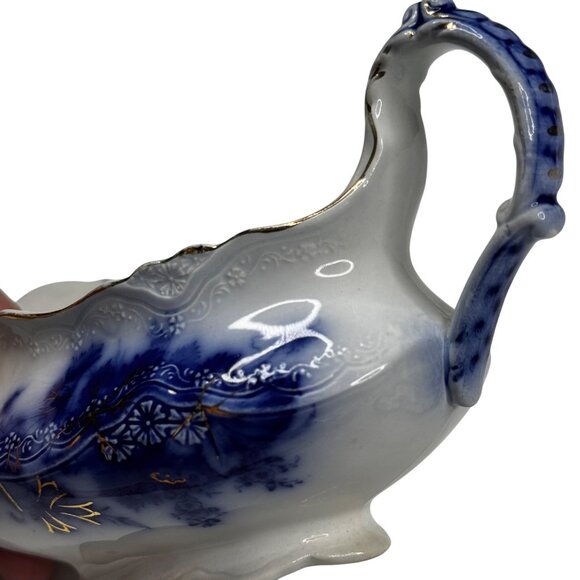 Antique Alfred Meakin Harvest Flow Blue Gravy Boat Porcelain w Underplate Relish - Picture 13 of 14